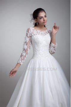 A-Line 3/4 Length Sleeve Satin Organza Scoop Most Beautiful Wedding Dresses 2031076