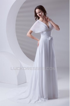 A-Line Chiffon Satin Flared Sleeves V-Neck Wedding Dresses 2031077