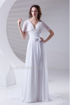 A-Line Chiffon Satin Flared Sleeves V-Neck Wedding Dresses 2031077