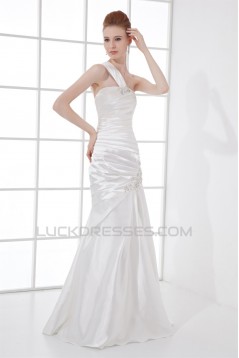 A-Line Floor-Length Sleeveless One-Shoulder Beaded Wedding Dresses 2031079