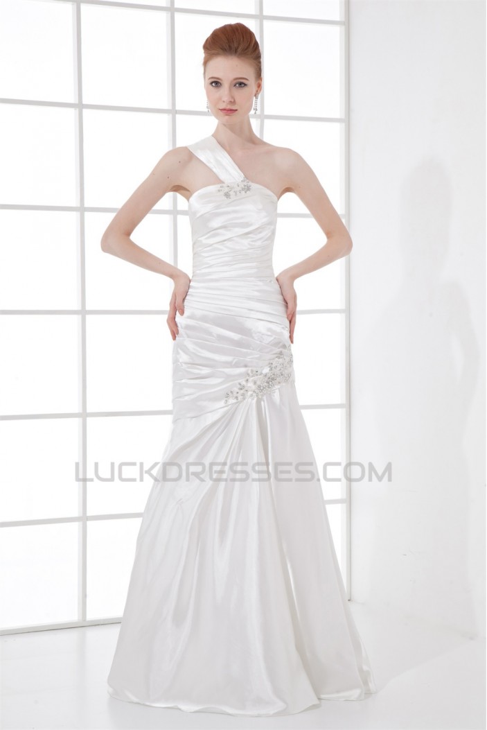 A-Line Floor-Length Sleeveless One-Shoulder Beaded Wedding Dresses 2031079