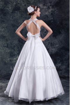 A-Line Satin Lace Organza Halter Sleeveless Embellished Wedding Dresses 2031080