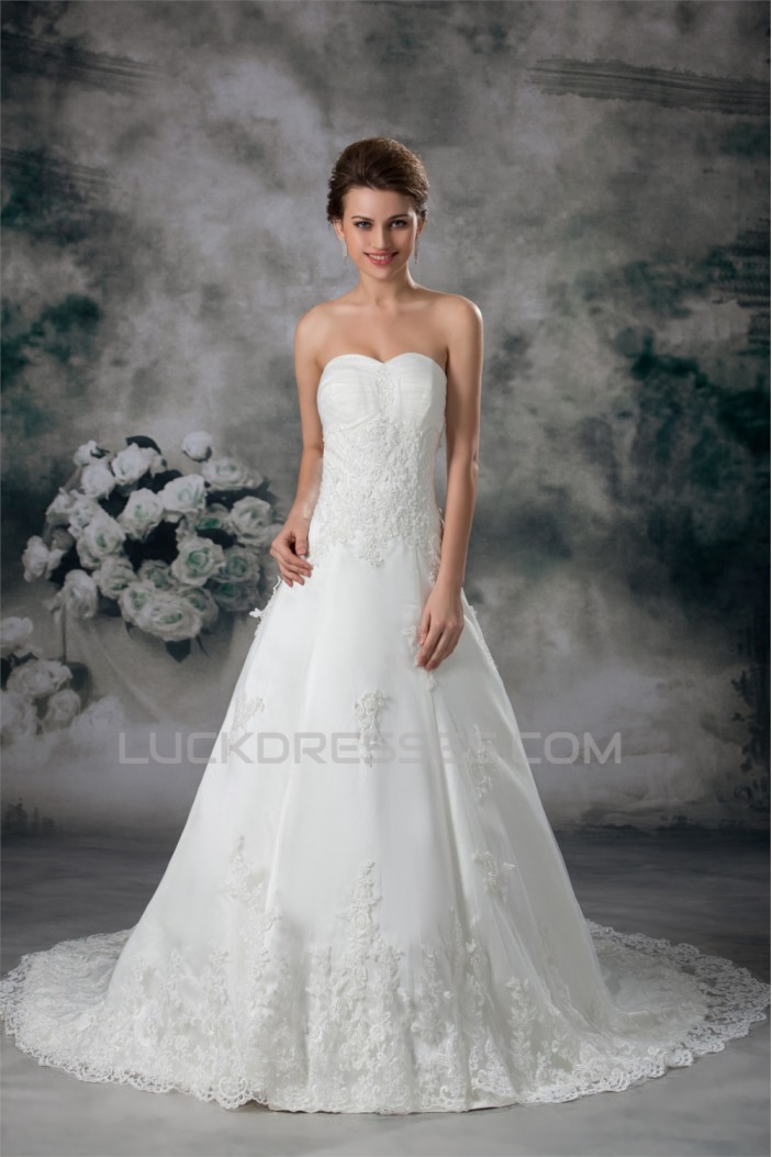 A-Line Sleeveless Sweetheart Lace Fine Netting Wedding Dresses 2031086