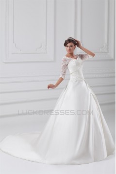 A-Line V-Neck Half Elbow Sleeve Lace Taffeta Embellished Wedding Dresses 2031100