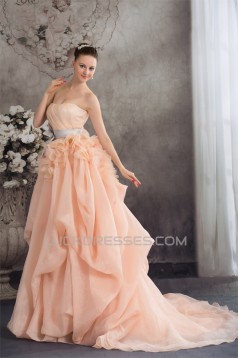 A-Line Court Train Handmade Flowers Wedding Dresses with Color 2030111