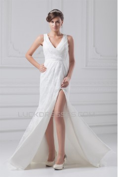 Amazing Sleeveless Sheath/Column Satin Lace V-Neck Wedding Dresses 2031116