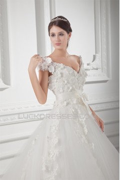 Ball Gown V-Neck Satin Fine Netting Embellished Wedding Dresses 2031127