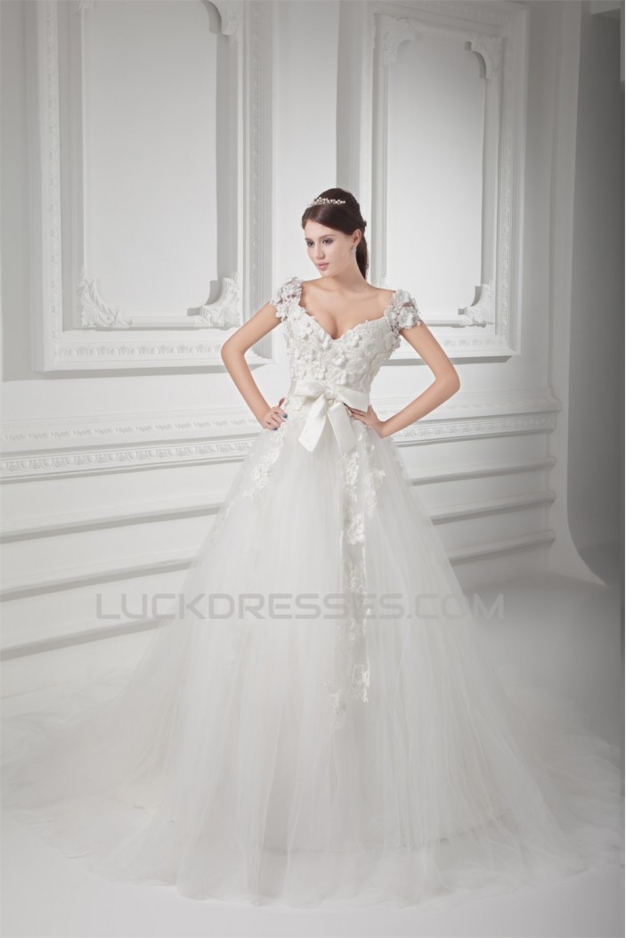 Ball Gown V-Neck Satin Fine Netting Embellished Wedding Dresses 2031127