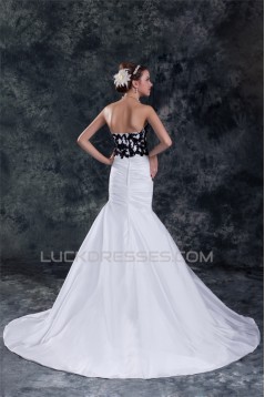 Beautiful A-Line Strapless Sleeveless Taffeta Lace Black White Wedding Dresses 2031128