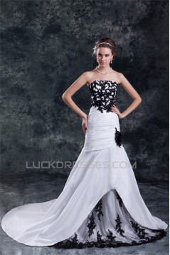 Beautiful A-Line Strapless Sleeveless Taffeta Lace Black White Wedding Dresses 2031128