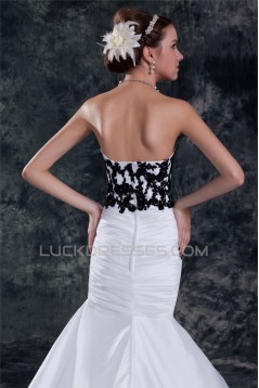 Beautiful A-Line Strapless Sleeveless Taffeta Lace Black White Wedding Dresses 2031128