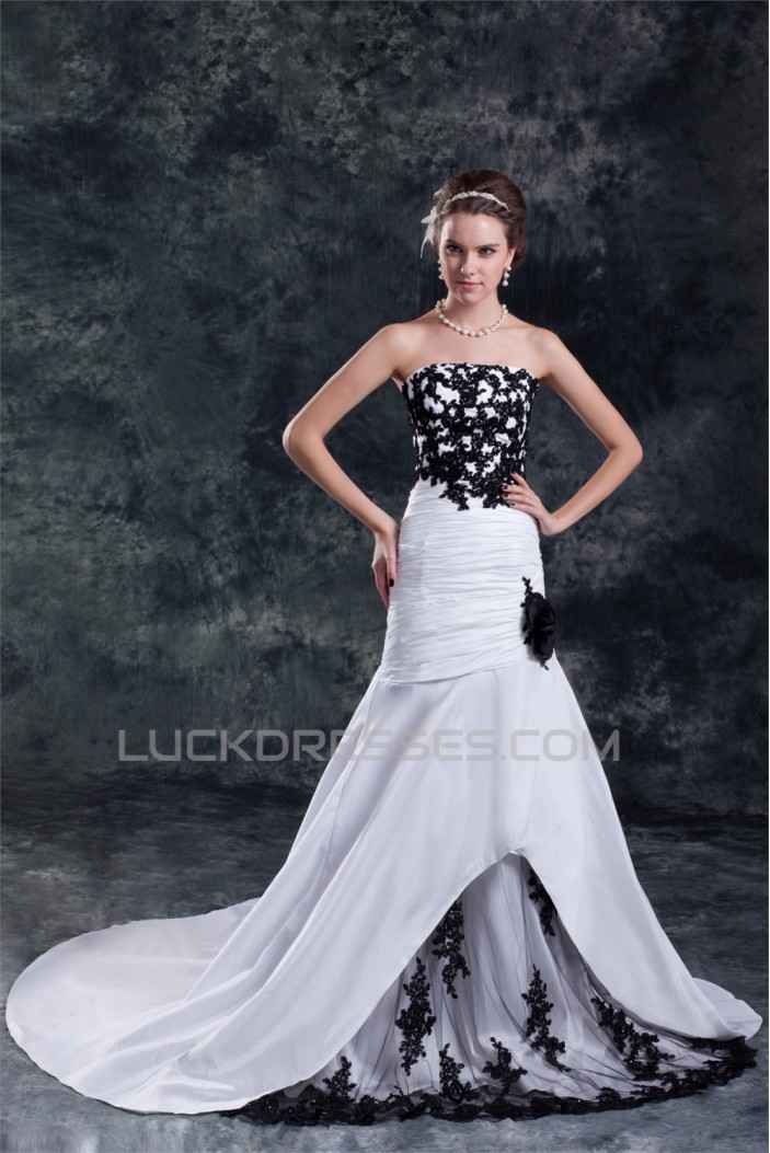 Beautiful A-Line Strapless Sleeveless Taffeta Lace Black White Wedding Dresses 2031128