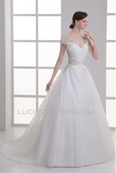 Beautiful Ball Gown V-Neck Sleeveless Satin Organza Beaded Wedding Dresses 2031130