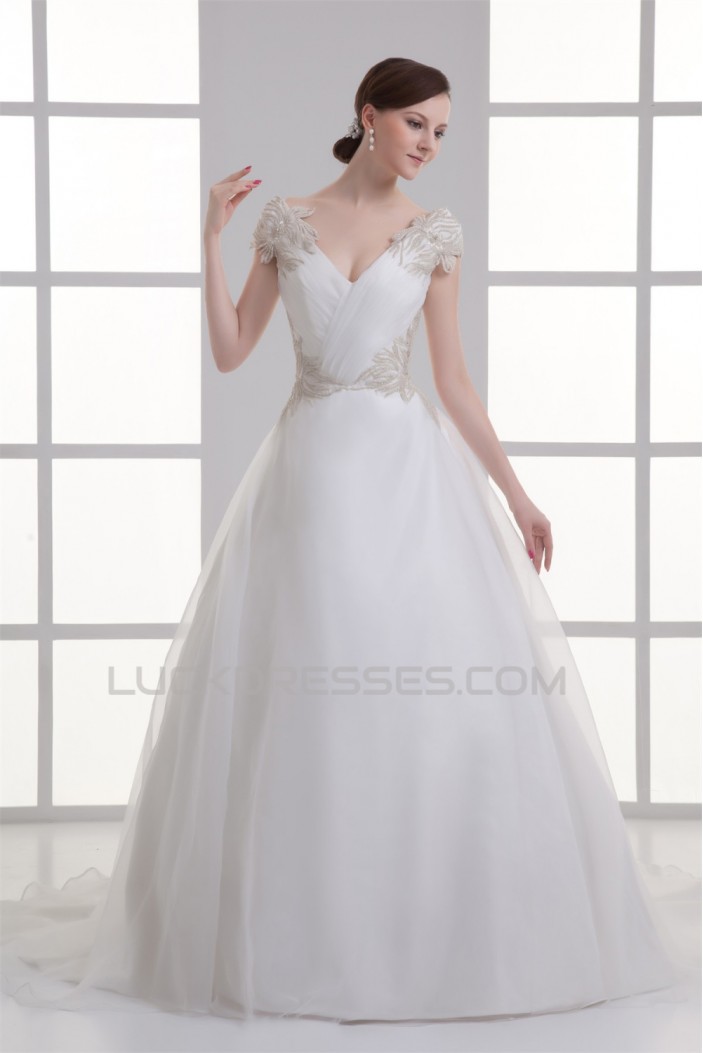 Beautiful Ball Gown V-Neck Sleeveless Satin Organza Beaded Wedding Dresses 2031130