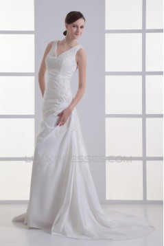Beautiful Sleeveless V-Neck Taffeta Sheath/Column Lace Wedding Dresses 2031136