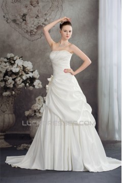A-Line Strapless Court Train Beaded Lace Wedding Dresses 2030114