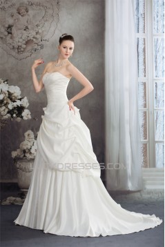 A-Line Strapless Court Train Beaded Lace Wedding Dresses 2030114