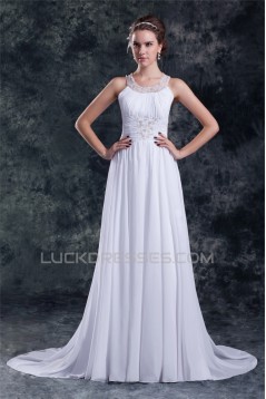 Chiffon Satin A-Line Sleeveless Scoop Sweep Train Wedding Dresses 2031149
