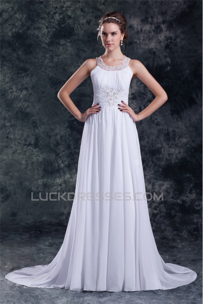 Chiffon Satin A-Line Sleeveless Scoop Sweep Train Wedding Dresses 2031149