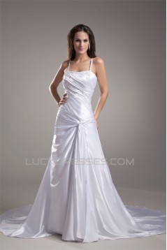 Elastic Woven Satin Sleeveless A-Line Spaghetti Straps Beaded Wedding Dresses 2031165