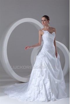 Elegant One-Shoulder A-Line Sleeveless Taffeta Lace Wedding Dresses 2031167