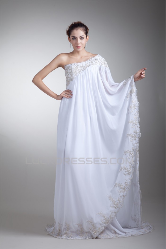 Fantastic A-Line Chiffon Satin One-Shoulder Sleeveless Wedding Dresses Maternity Wedding Dresses 2031177