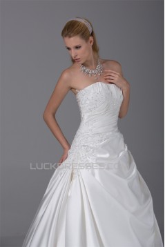 A-Line Strapless Beaded Lace Satin Wedding Dresses 2030118