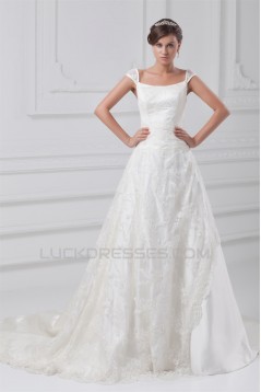Fantastic Scoop A-Line Satin Lace Wedding Dresses 2031181