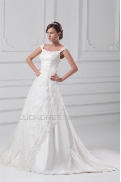 Fantastic Scoop A-Line Satin Lace Wedding Dresses 2031181