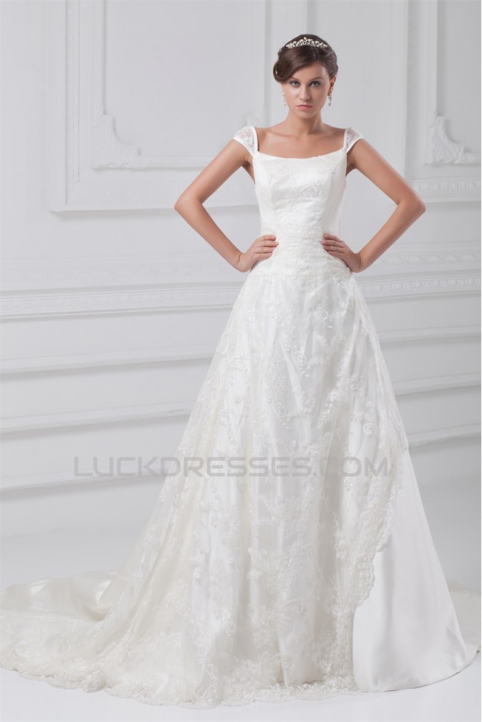 Fantastic Scoop A-Line Satin Lace Wedding Dresses 2031181