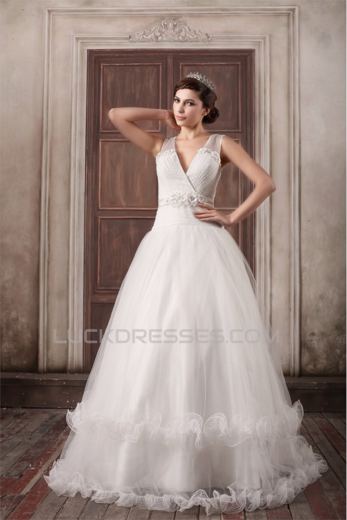 Fantastic V-Neck Princess Satin Fine Netting Wedding Dresses 2031188
