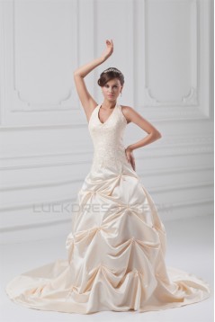 Fashionable Sleeveless Ball Gown Satin Halter Wedding Dresses with Color 2031194