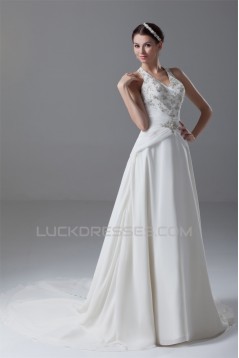 A-Line Chiffon Satin Halter Sleeveless Wedding Dresses 2031198