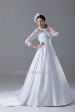 Great Long Sleeve High-Neck Satin Lace A-Line Wedding Dresses 2031214