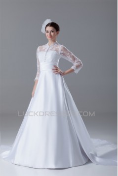 Great Long Sleeve High-Neck Satin Lace A-Line Wedding Dresses 2031214