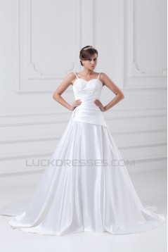 Great Sleeveless A-Line Satin Spaghetti Straps Lace Wedding Dresses 2031216