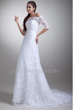 Half Elbow Sleeve Satin Lace A-Line Off-the-Shoulder Embellished Wedding Dresses 2031219