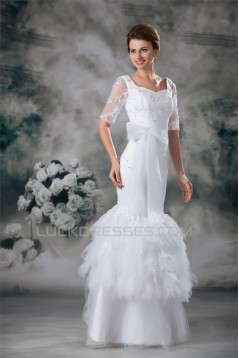 Half Elbow Sleeve Square Satin Lace Fine Netting Trumpet/Mermaid Wedding Dresses 2031220