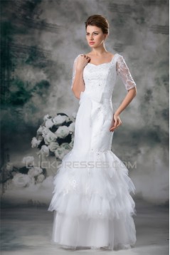 Half Elbow Sleeve Square Satin Lace Fine Netting Trumpet/Mermaid Wedding Dresses 2031220
