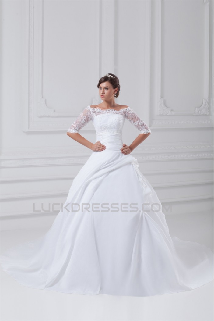 Lace Taffeta A-Line Portrait Half Elbow Sleeve Wedding Dresses with Jackets 2031226