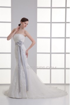 Elegant Mermaid/Trumpet Strapless Satin Lace Fine Netting Wedding Dresses with Color 2031239