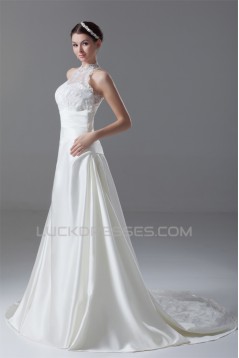 New Arrival Satin Lace A-Line High-Neck Sleeveless Wedding Dresses 2031247