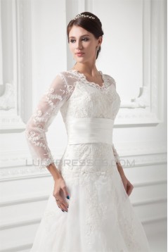 New Style A-Line Long Sleeve V-Neck Satin Organza Lace Wedding Dresses 2031258