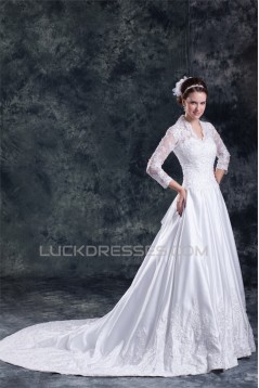 Satin Lace A-Line 3/4 Length Sleeve V-Neck Embellished Wedding Dresses 2031266