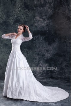 Satin Lace A-Line 3/4 Length Sleeve V-Neck Embellished Wedding Dresses 2031266