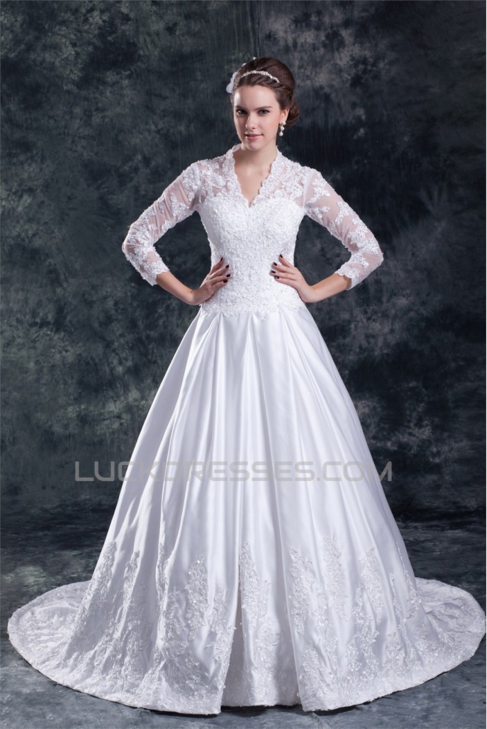 Satin Lace A-Line 3/4 Length Sleeve V-Neck Embellished Wedding Dresses 2031266