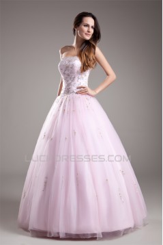 Satin Fine Netting Floor-Length Strapless Beaded Wedding Dresses 2031270
