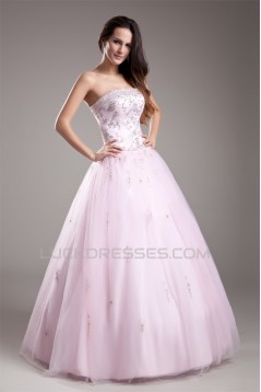 Satin Fine Netting Floor-Length Strapless Beaded Wedding Dresses 2031270