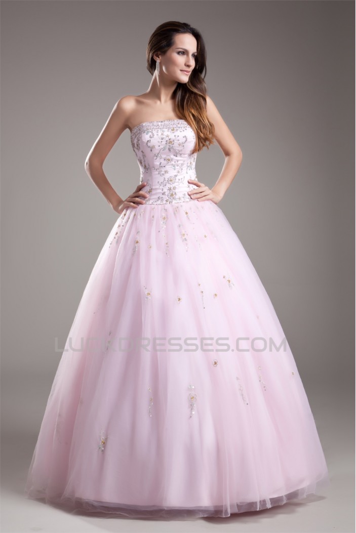 Satin Fine Netting Floor-Length Strapless Beaded Wedding Dresses 2031270