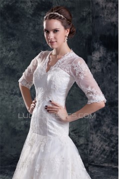 Satin Lace A-Line V-Neck Half Elbow Sleeve Sweet Wedding Dresses 2031272